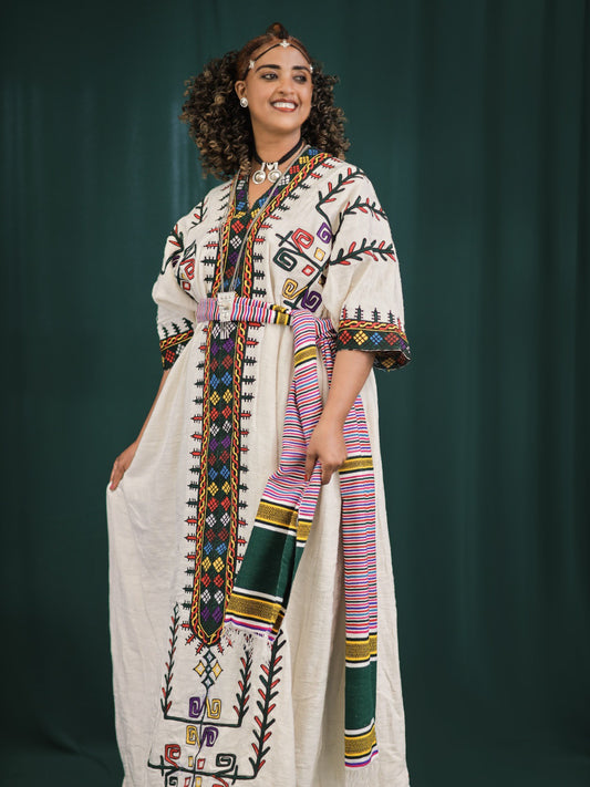 Ivory Habesha Dress Colorful Embroidery Habesha Kemis Timeless Ethiopian Clothing Style 566