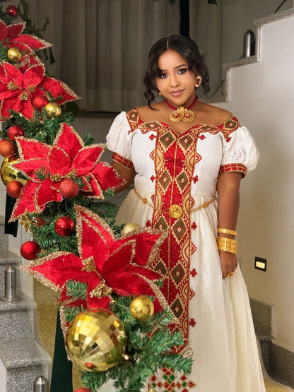 Red Embroidery Ethiopian Clothing Off-shoulder Habesha Kemis Graceful Habesha Dress 600