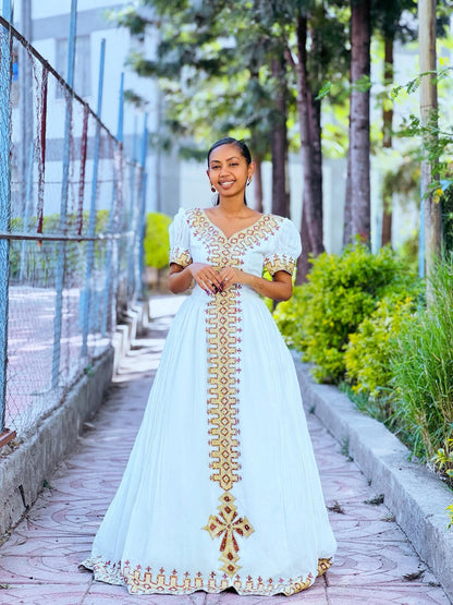 V Neck Habesha Dress Cross Embroidery Ethiopian Kemis Style