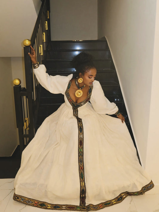 Long Puff Sleeve Habesha Dress Elegant Ethiopian Traditional Style