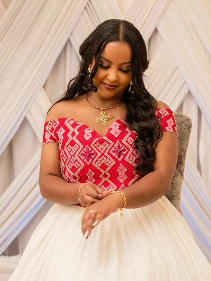 Off-Shoulder Habesha Dress Red Embroidery Ethiopian Wedding Dress Short Sleeve Habesha Kemis 658
