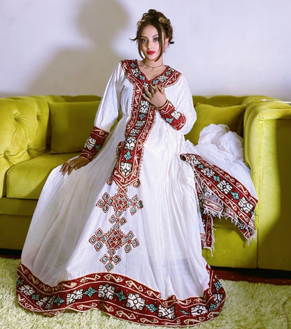 Ethiopian Traditional Dress Stylish Habesha Dress Red Embroidery And Long Sleeve Habesha Kemis 702