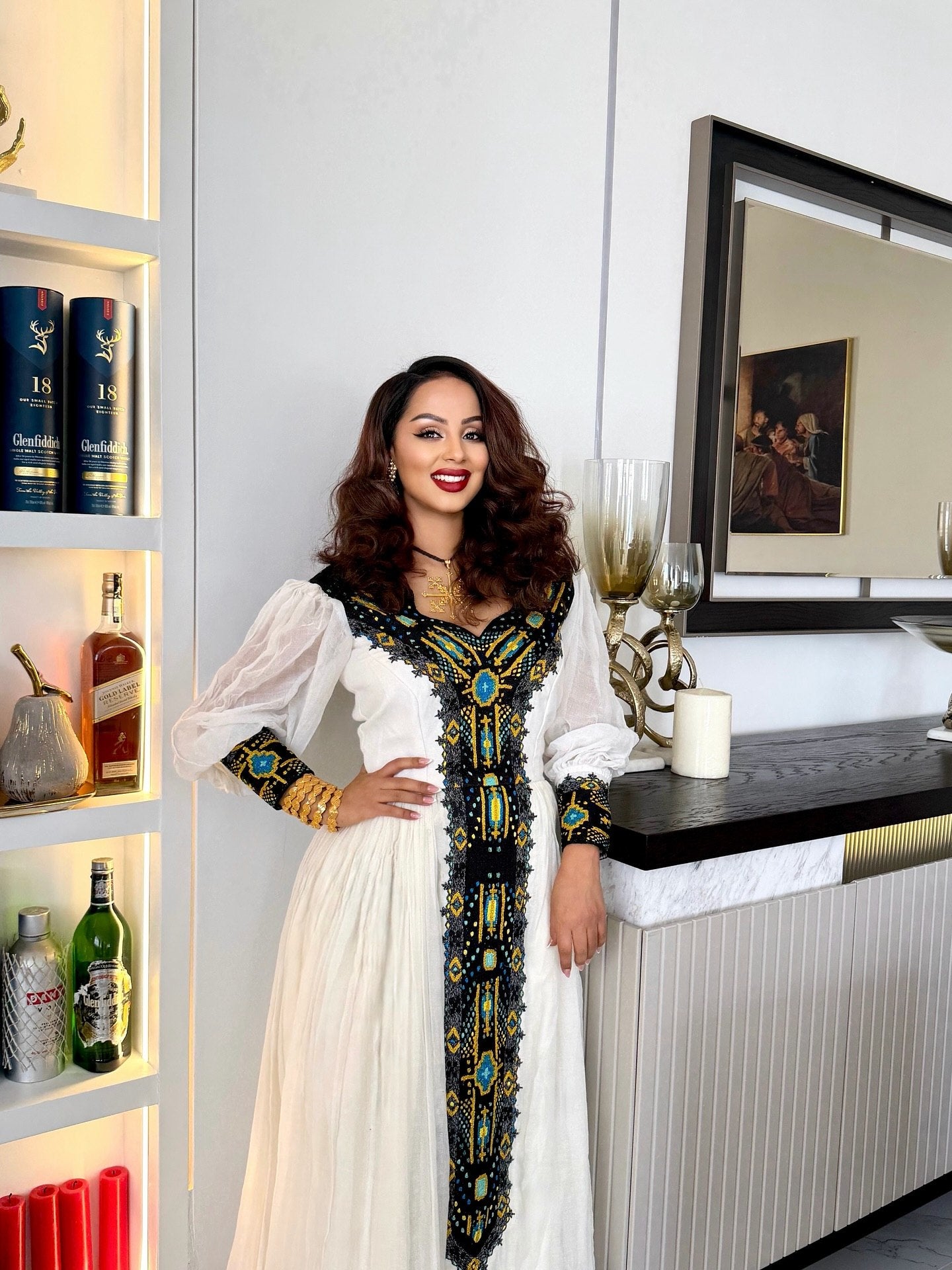 White Habesha Dress with Black Embroidery Long Sleeve Ethiopian Clothing Charming Habesha Kemis 706