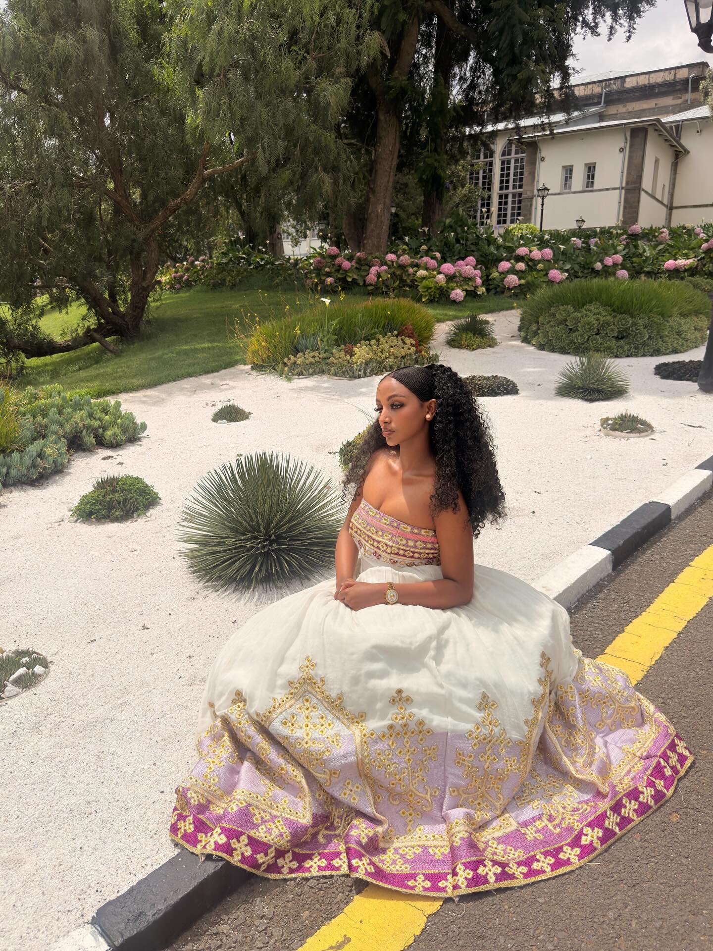 Charming Habesha Dress Strapless Pink Embroidery Habesha Kemis Ethiopian Traditional Wedding Dress 713