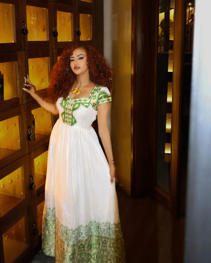 Green Woven Habesha Dress Short Sleeve Ethiopian Clothing Classic Habesha Kemis 732