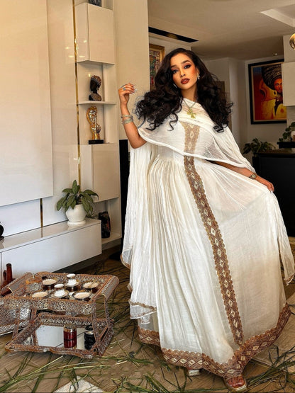 White Habesha Kemis Golden Embroidery Traditional Ethiopian Dress Festive Habesha Dress 734
