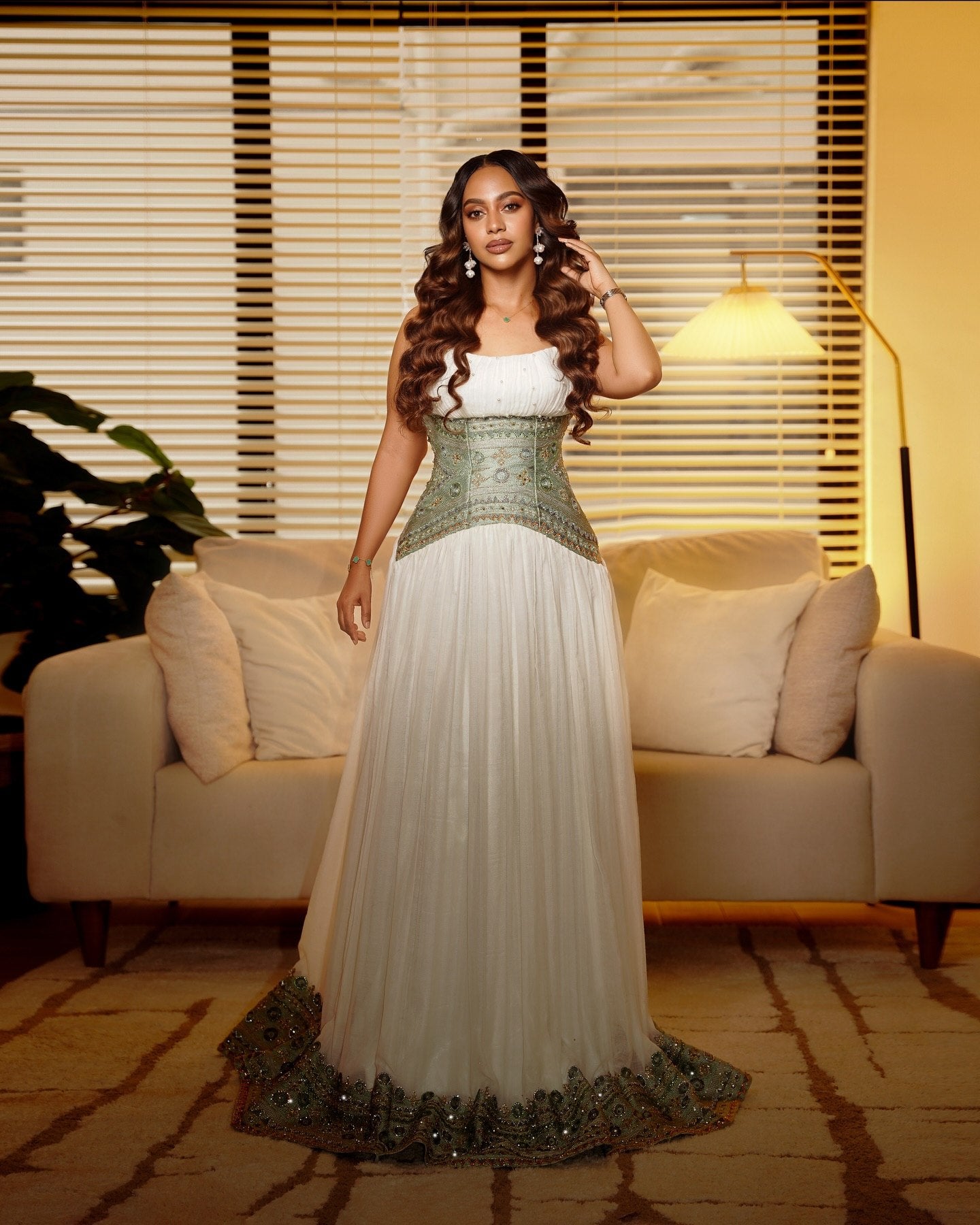 Sleeveless Habesha dress elegant white habesha kemis with green woven detail 