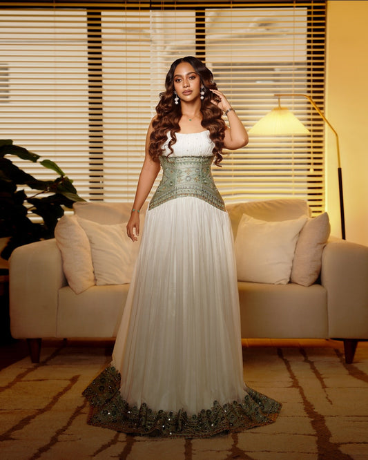 Sleeveless Habesha dress elegant white habesha kemis with green woven detail 