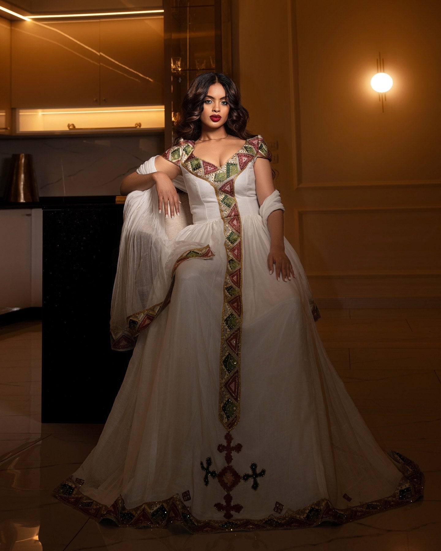 Ethiopian Clothing For Event V-neckline Habesha Kemis  Handwoven Design Habesha Dress 754