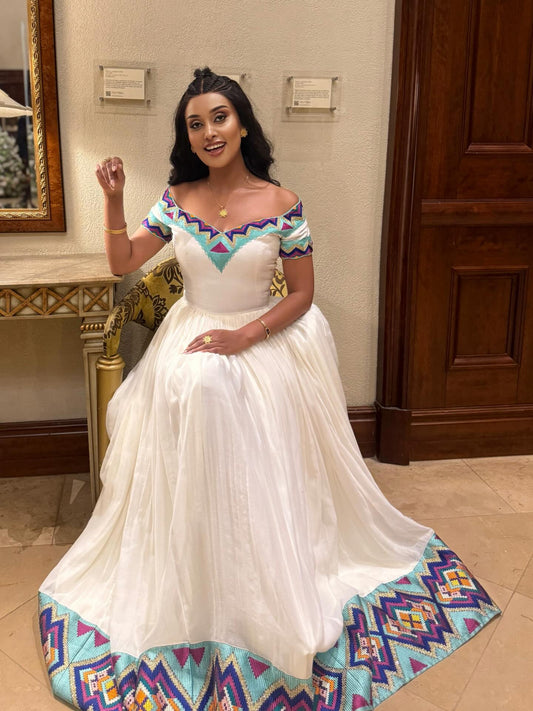 Ethiopian Clothing Off Shoulder Short Sleeve Habesha Kemis Multicolor Design