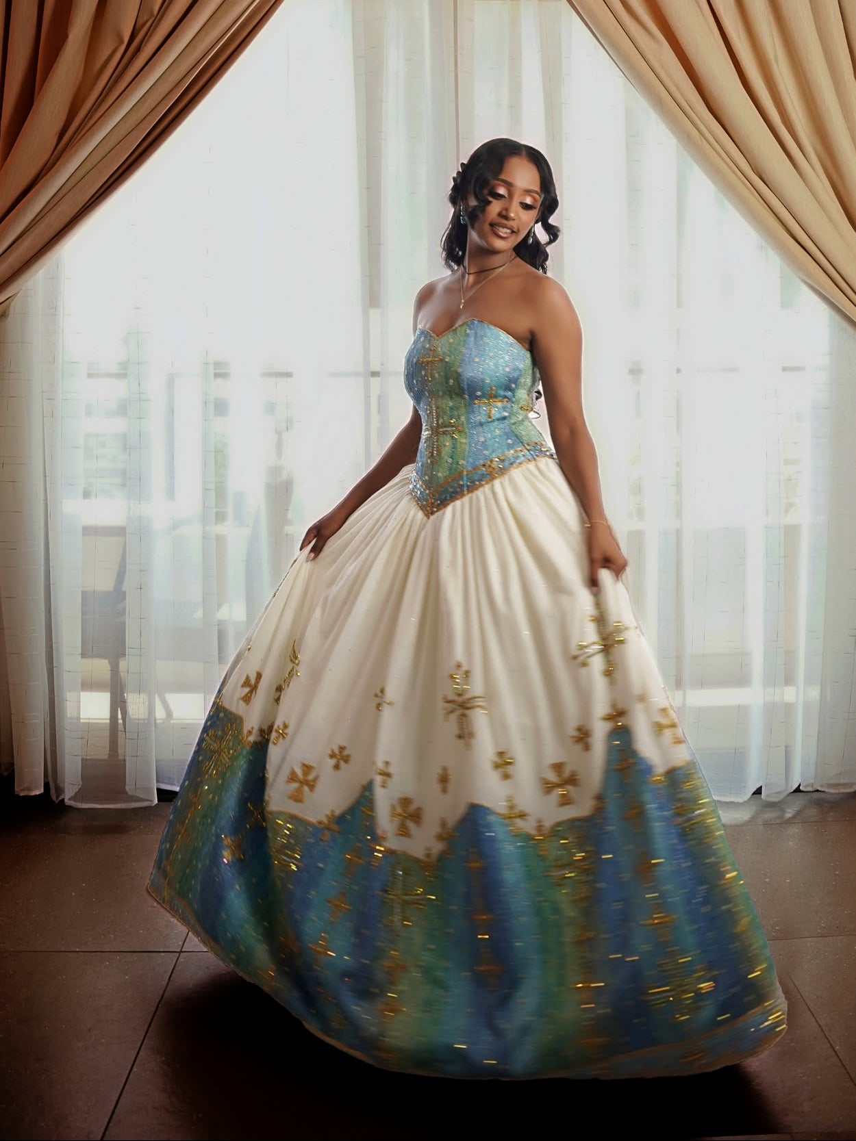 Traditional Ethiopian Wedding Dress Stylish Eritrean Dress Green and Blue Cultural Embroidery Habesha Kemis 764