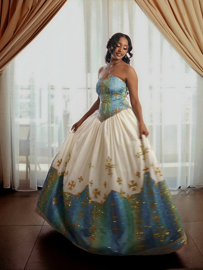Traditional Ethiopian Wedding Dress Stylish Eritrean Dress Green and Blue Cultural Embroidery Habesha Kemis 764