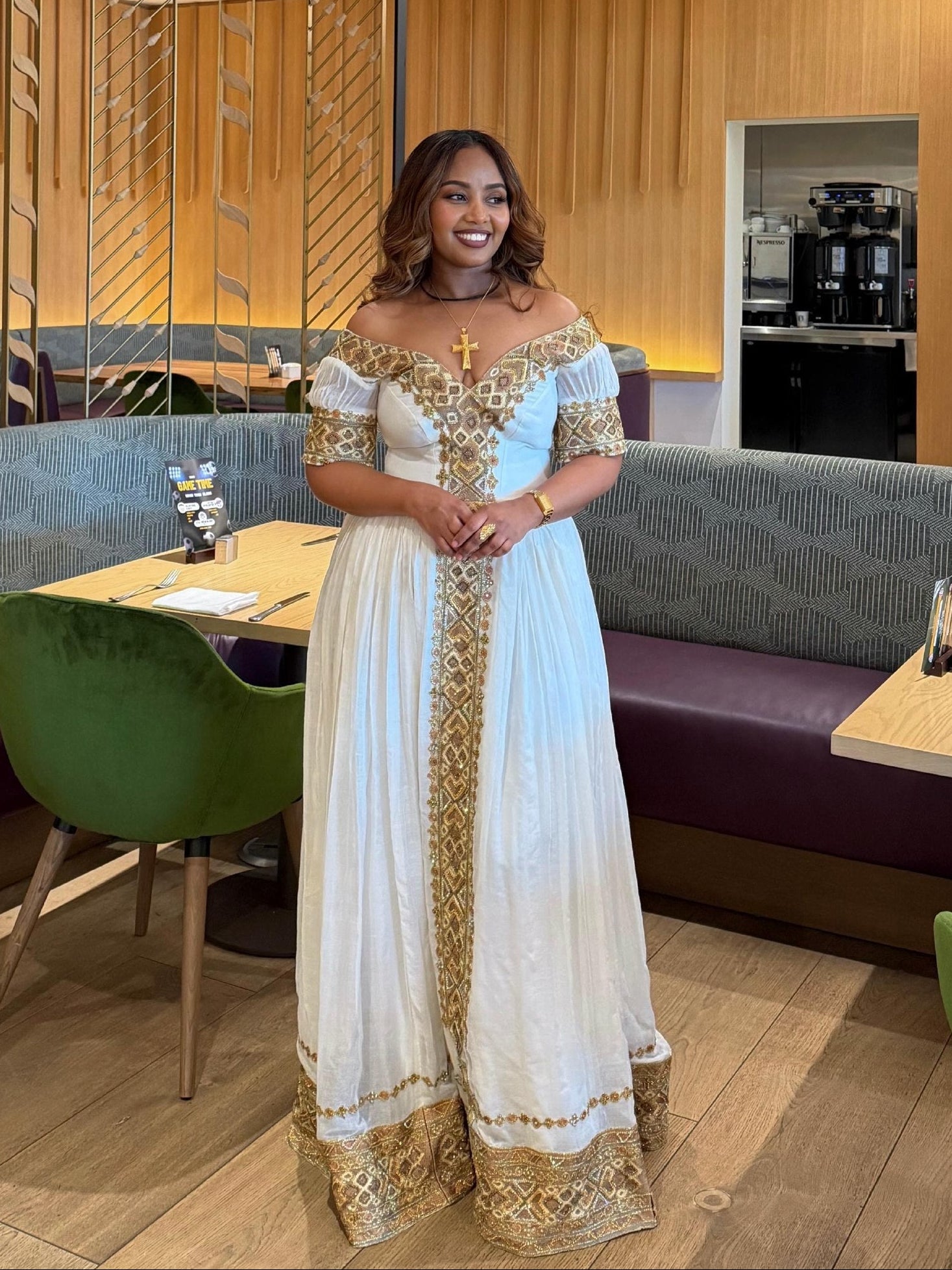 Elegant Ethiopian Clothing | Off-Shoulder Short Sleeve Habesha Kemis in Gold