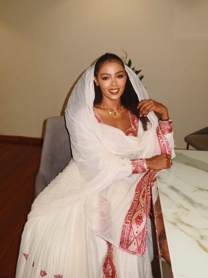 Traditional Ethiopian Dress White & Red Habesha Dress for Cultural Celebrations Timeless Habesha Kemis 141