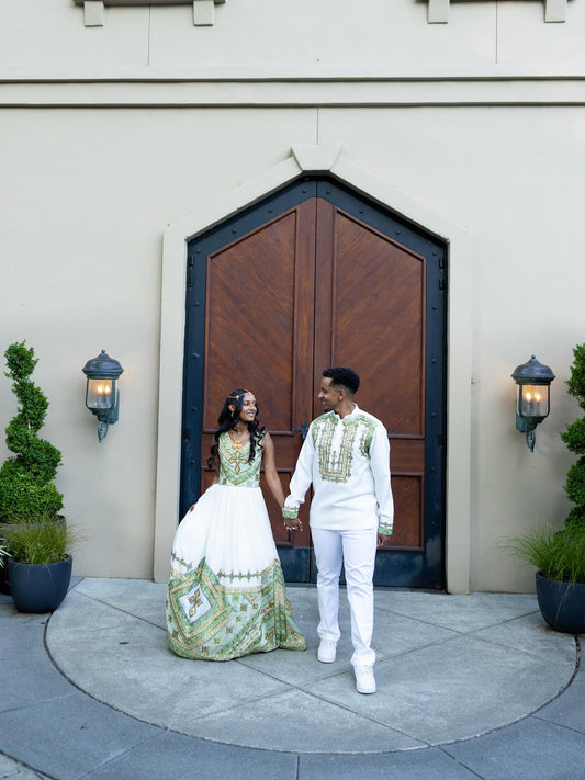 Elegant Ethiopian Matching Outfit for Couples in Green & Gold