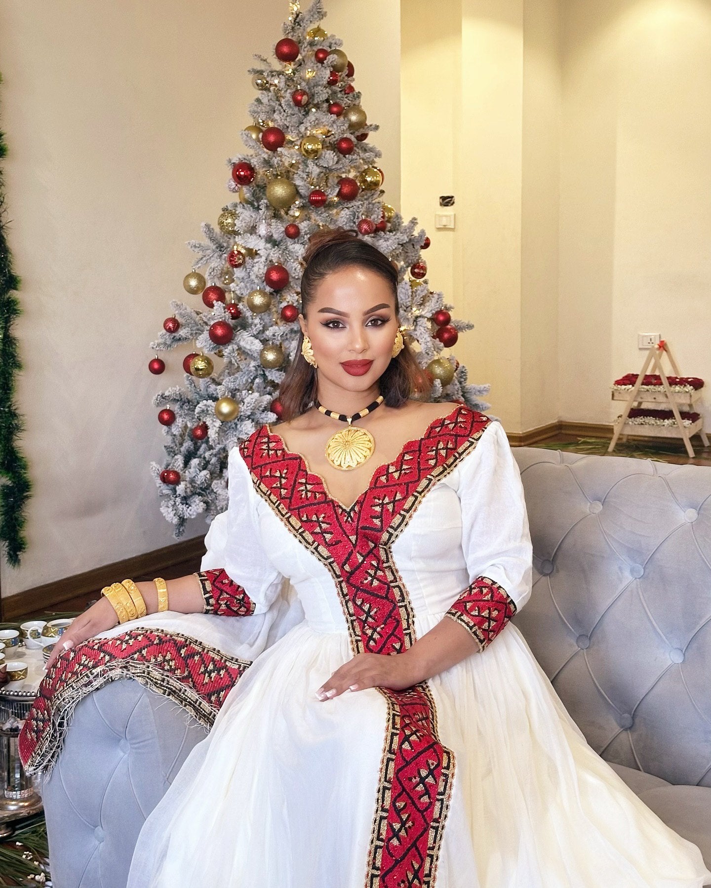 White & Red Ethiopian Traditional Dress Habesha Kemis for Special Occasions Handwoven Habesha Dress 157