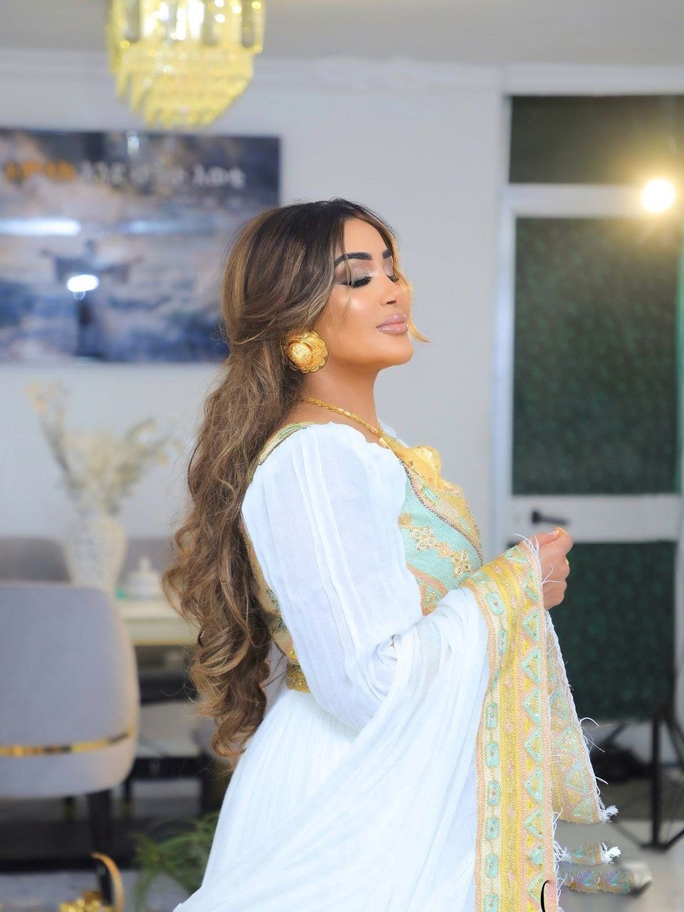 elegant white and gold embroidered Habesha Dress Ethiopian wedding dress Habesha Kemis For Wedding 175