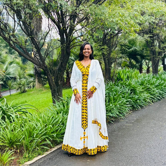 White And Yellow Habesha Traditional Dress Ethiopian Traditional Clothing