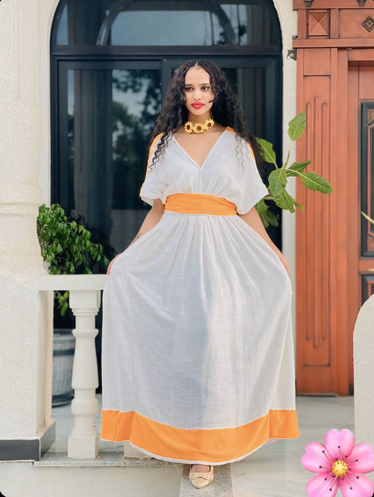 Orange And White Habesha Traditional Dress