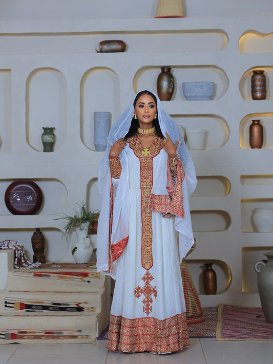 Traditional Ethiopian Dress for Women – Elegant White Habesha Kemis 