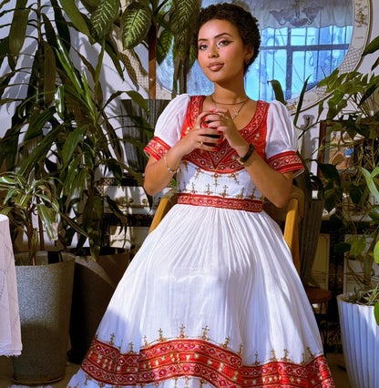 Radiant Habesha Dress Red Pattern Habesha Kemis Traditional Ethiopian Wedding Dress 225