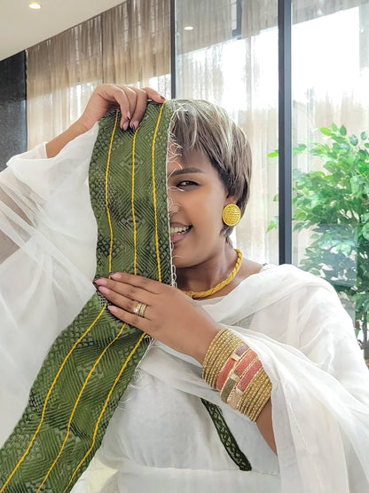 Royal Habesha Kemis White Cultural Dress with Green Tibeb Accents Festive Habesha Dress 230