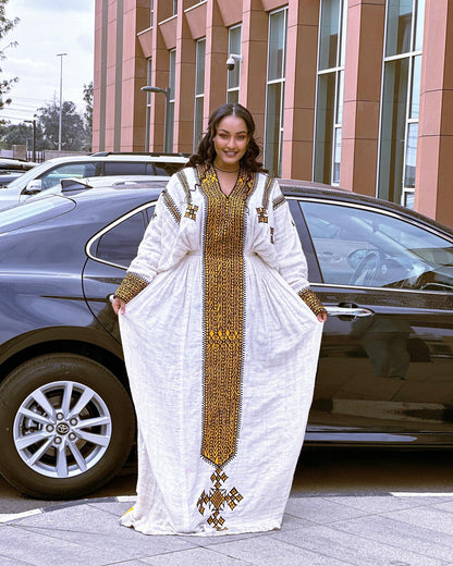 Premium Habesha Kemis Online Unique Ethiopian Dress & Traditional Wear Bold Geometric Embroidery Habesha Dress 248