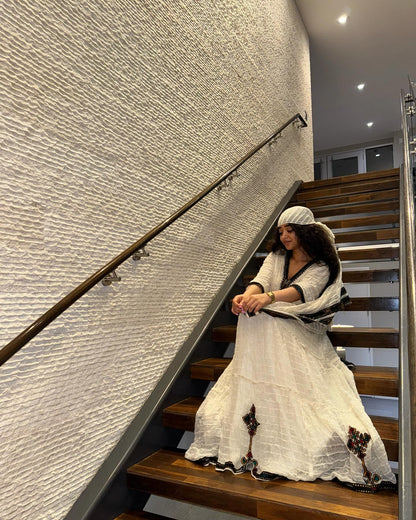 Authentic Eritrean & Ethiopian Clothing Handcrafted Habesha Dress Elegant Intricate Black Embroidery Habesha Kemis 274