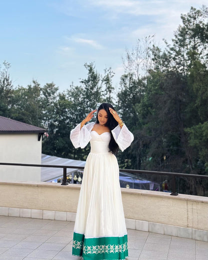 Green Hem Embroidered Habesha Dress Authentic Ethiopian & Eritrean Dress Vibrant Habesha Kemis 276