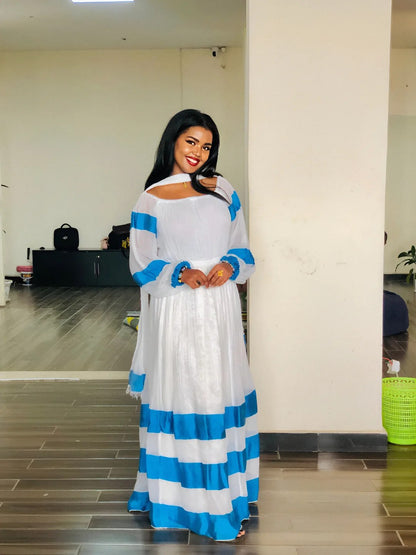Flowy Habesha Kemis Habesha Dress with Blue Stripes Ethiopian Clothing 304