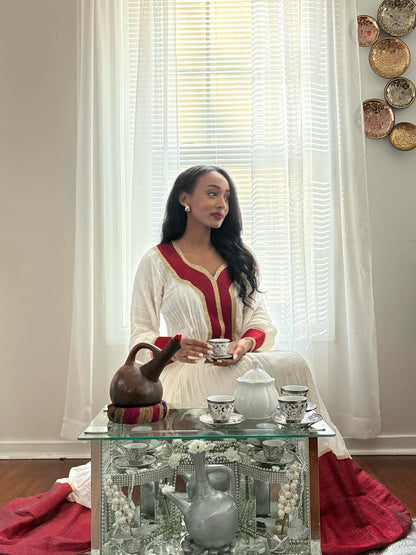 Red Woven Habesha Kemis Long Sleeve Habesha Dress Charming Ethiopian Traditional Dress 308