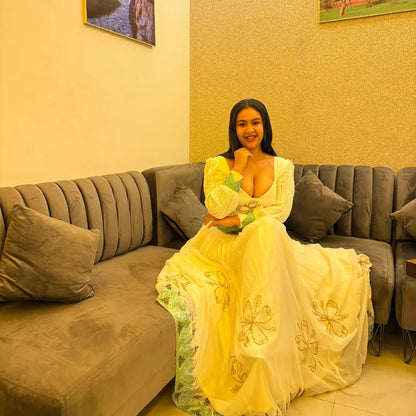 Green Woven Habesha Dress Long Sleeve Habesha Kemis Traditional Ethiopian Clothing 349