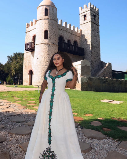 Short Sleeve Habesha Kemis Green Embroidery Habesha Dress Ethiopian Traditional Dress 462