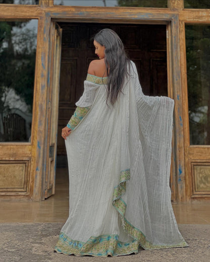 Habesha Kemis With Long Sleeve Green And Blue Border Habesha Dress Stylish Ethiopian Dress 472