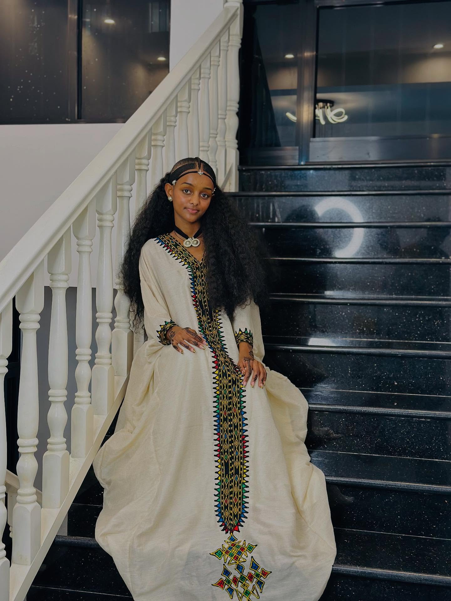 Long Sleeve Habesha Dress with Multicolor Embroidery