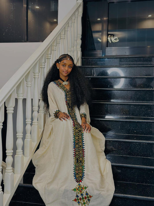 Long Sleeve Habesha Dress with Multicolor Embroidery