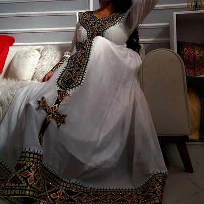 Golden and Black Embroidery Habesha Dress Long Sleeves Habesha Kemis Ethiopian Clothing For Festive 504