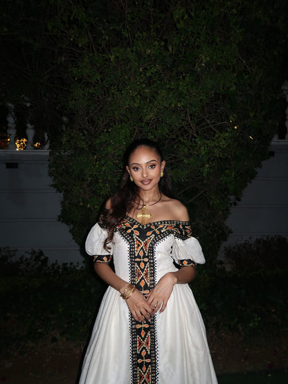 Off-Shoulder Habesha Kemis Black and Golden Embroidery Habesha Dress Traditional Ethiopian Clothing For event 526