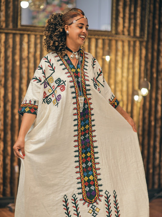 Ivory Habesha Dress Colorful Embroidery Habesha Kemis 