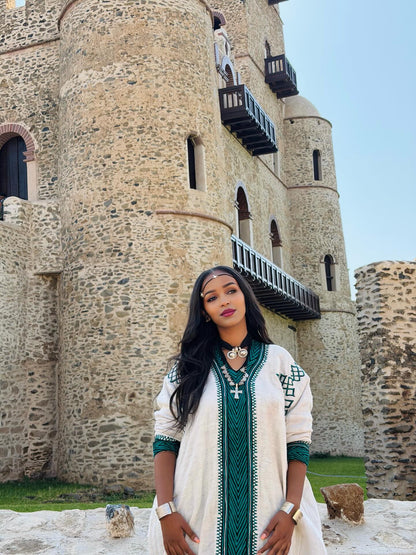 Green Embroidery Habesha Kemis Long Sleeve Habesha Dress Traditional Ethiopian Clothing 590