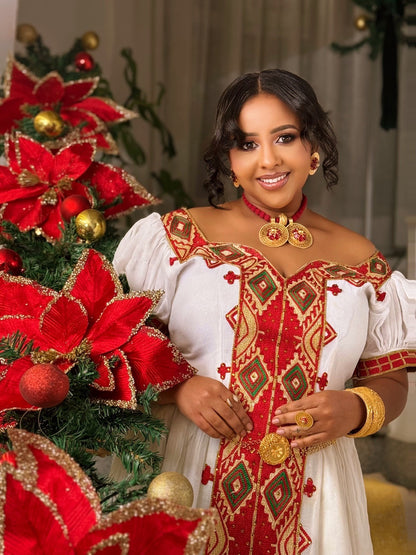 Red Embroidery Ethiopian Clothing Off-shoulder Habesha Kemis Graceful Habesha Dress 600