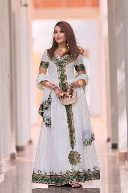 Green and Gold Habesha Dress Short Sleeve Elegant Habesha Kemis