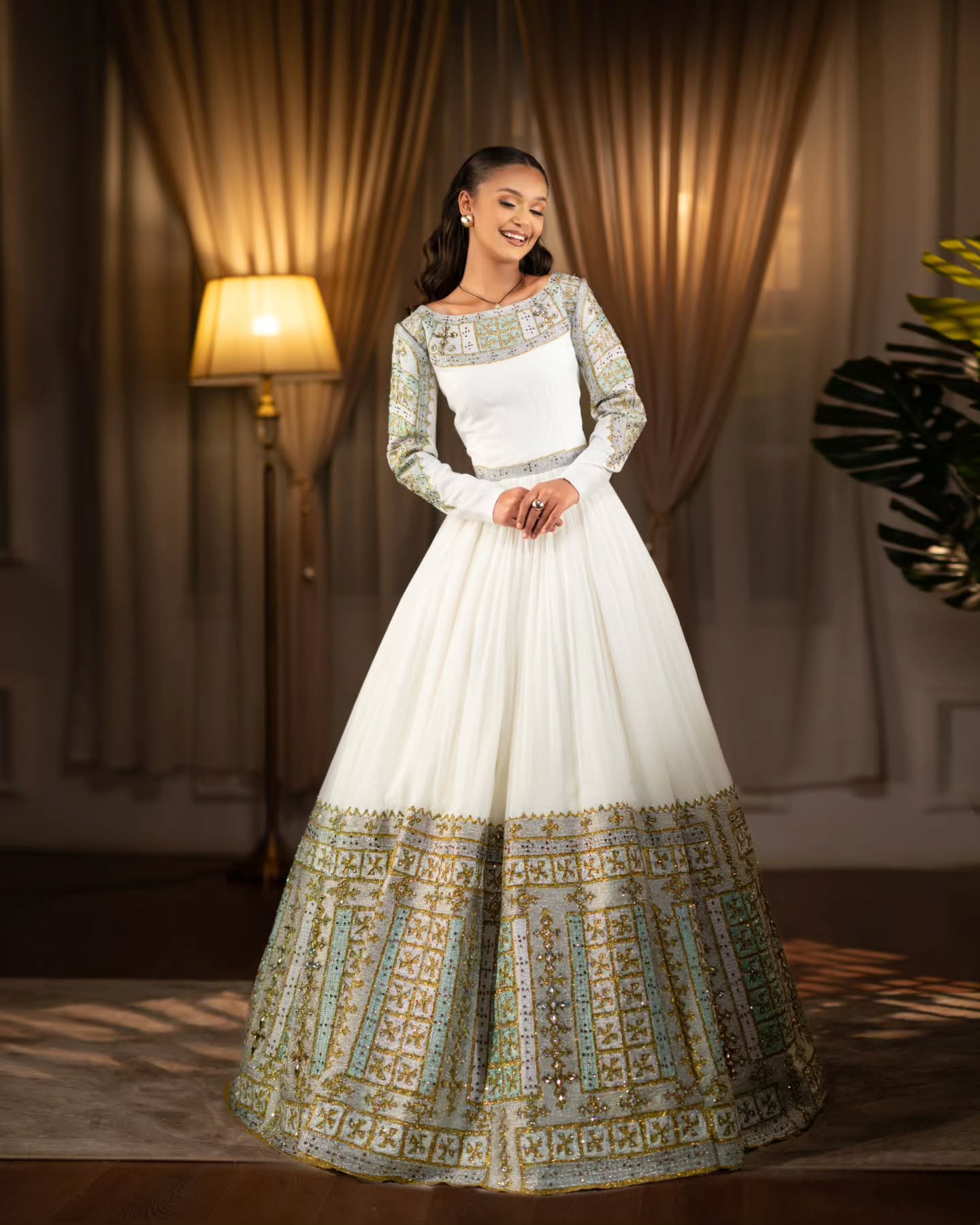 Long Sleeve Habesha Kemis Traditional Ethiopian Wedding Dress Gold And Mint Habesha Dress 643