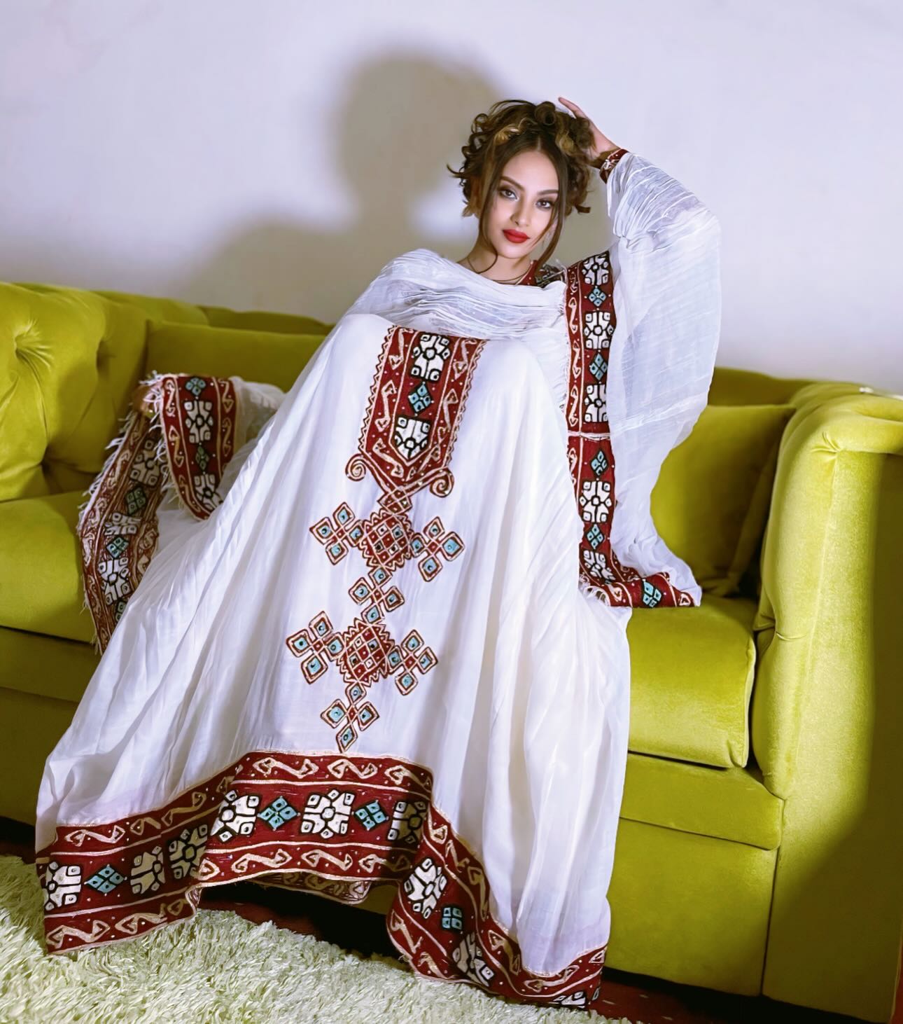Ethiopian Traditional Dress Stylish Habesha Dress Red Embroidery And Long Sleeve Habesha Kemis 702