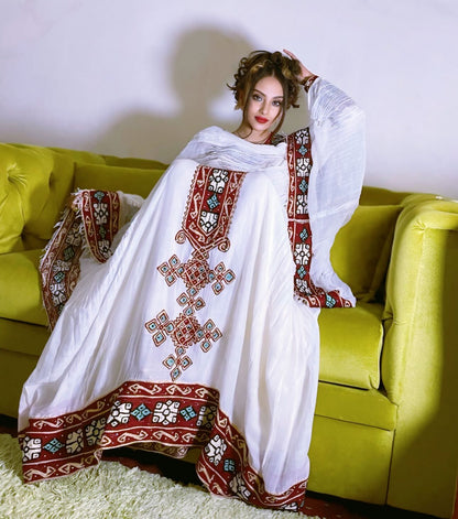 Ethiopian Traditional Dress Stylish Habesha Dress Red Embroidery And Long Sleeve Habesha Kemis 702