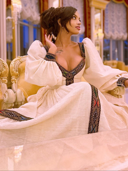 Puff Sleeve Habesha Dress with Embroidery Ethiopian Traditional Dress Stylish Habesha Kemis 708