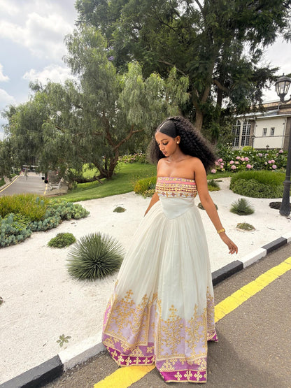 Charming Habesha Dress Strapless Pink Embroidery Habesha Kemis Ethiopian Traditional Wedding Dress 713