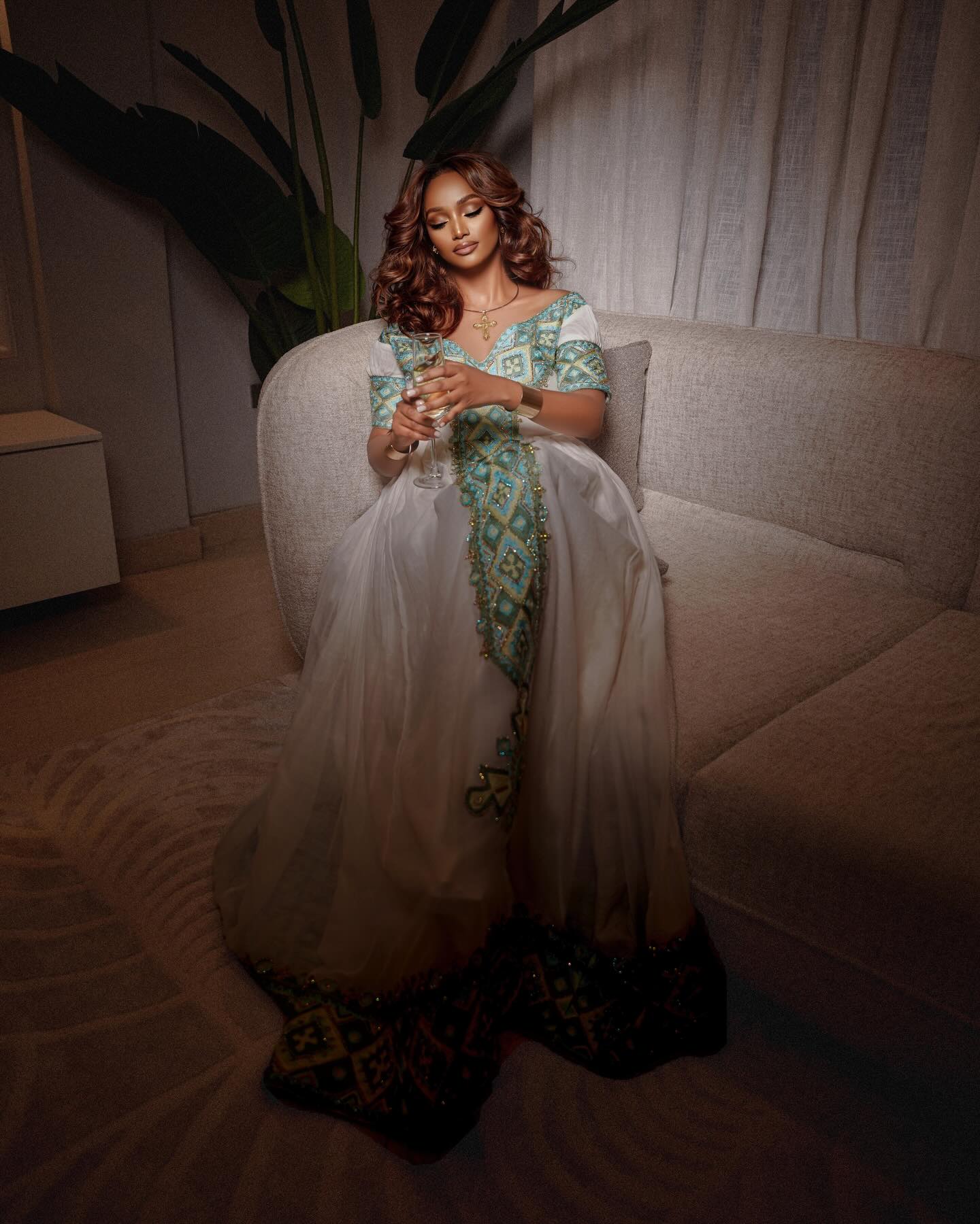 Off Shoulder Teal Embroidery Habesha Kemis Traditional Ethiopian Dress Graceful Habesha Dress 715
