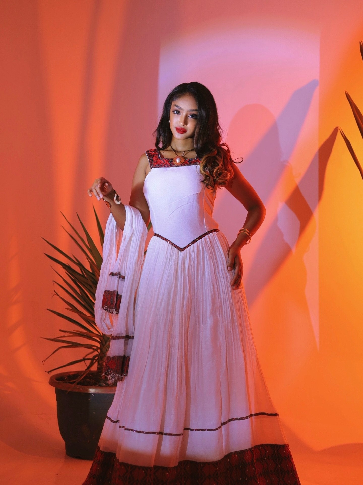 Sleeveless Habesha Kemis Traditional Ethiopian Clothing  Red Woven Accent Habesha Dress 721