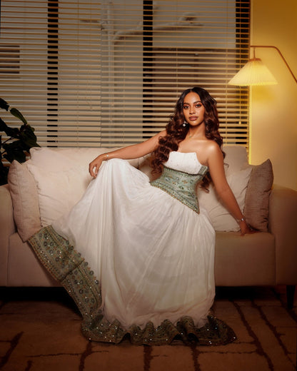Strapless Habesha dress elegant white habesha kemis with green woven detail timeless Ethiopian traditional clothing 738